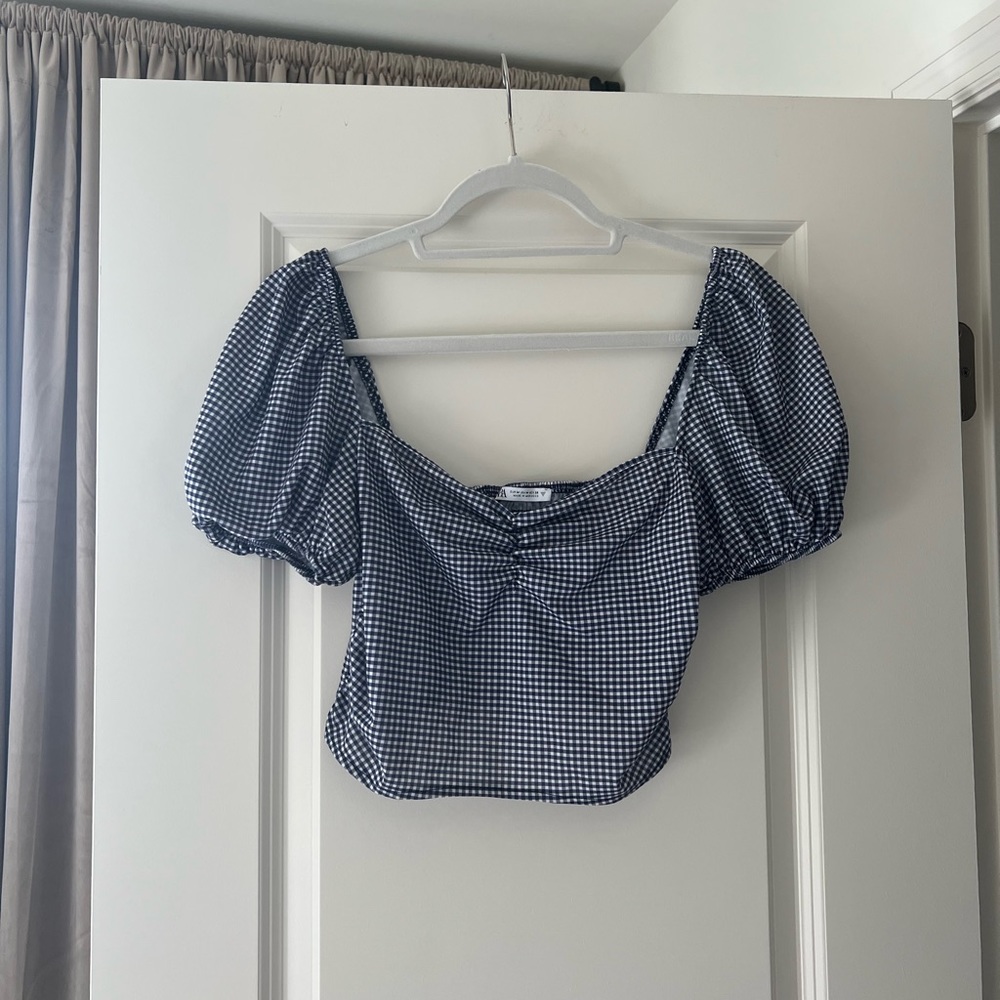 Zara Checkered Puffy sleeve top